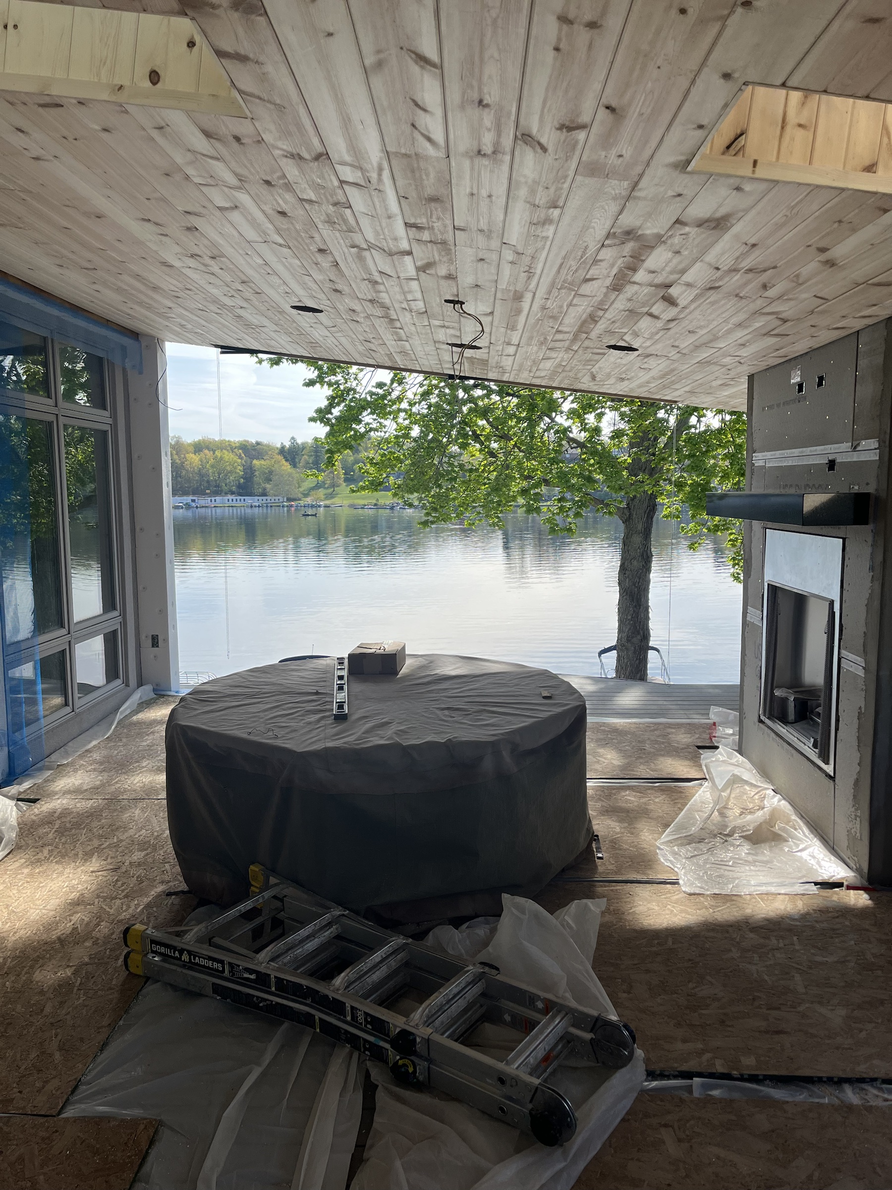 Lakeside porch ceiling before staining